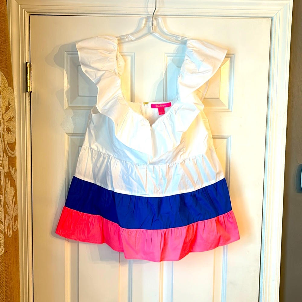 New! Lilly Pulitzer Resort White Emie Ruffle Top in Borealis Blue